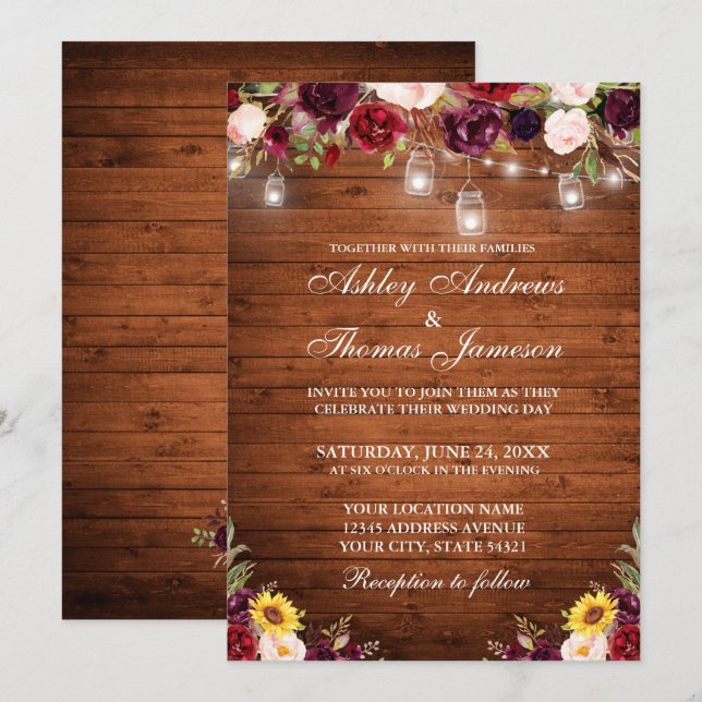 Rustic Wood Mixed Floral Jar Lights Wedding Invitation (Front/Back)