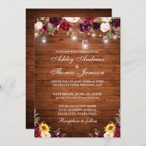 Rustic Wood Mixed Floral Jar Lights Wedding Invitation