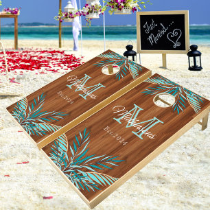 Rustic Wood Modern Beach Wedding Cornhole Set