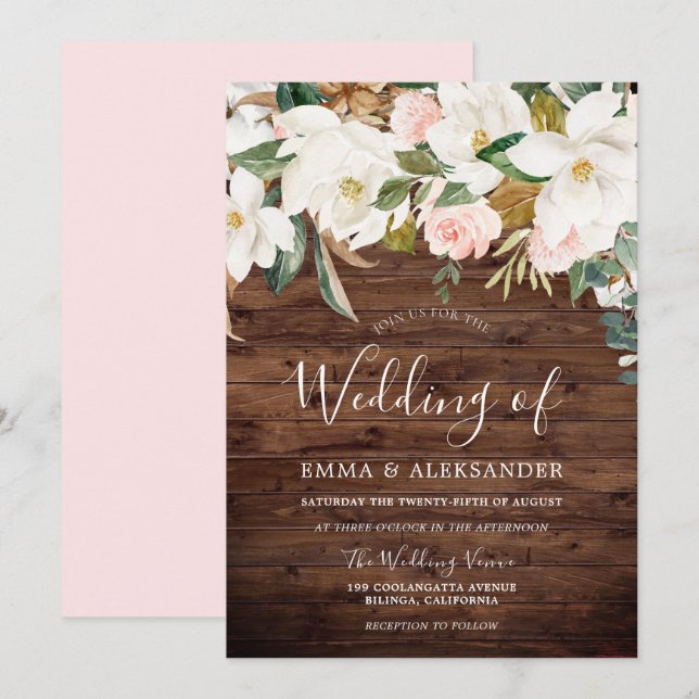 Rustic Wood Modern Blush & White Flowers Wedding Invitation (Front/Back)