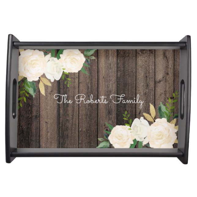 Rustic Wood & Modern Floral Family Party Custom Serving Tray (Front)
