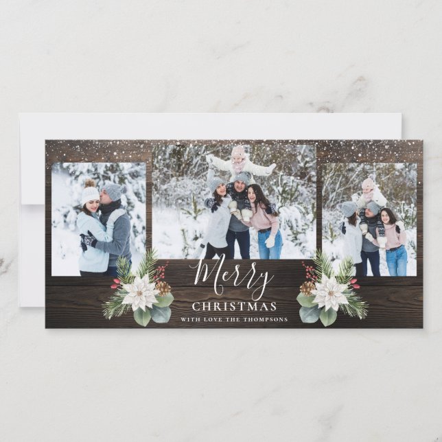 Rustic Wood Modern Script Merry Christmas 3 Photos Holiday Card (Front)