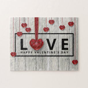 Rustic Wood Modern Valentine's Day LOVE Red Hearts Jigsaw Puzzle