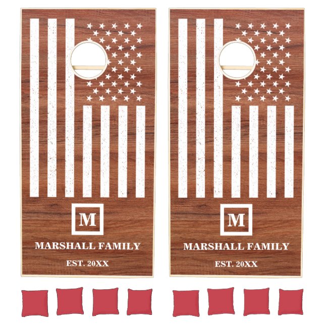 Rustic Wood Monogram American Flag 4th Of July Cornhole Set (Set)