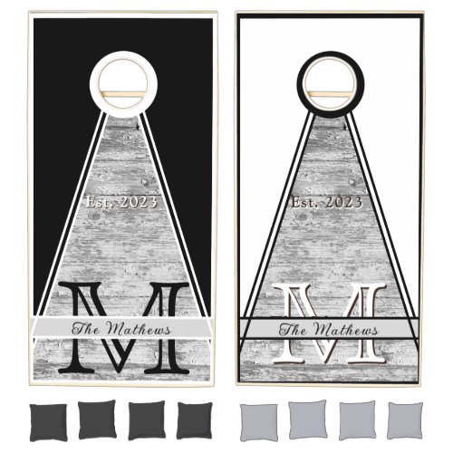 Rustic Wood  Monogram Black White Gray Monogram  Cornhole Set