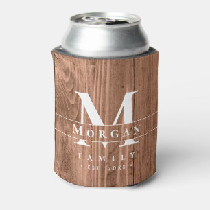 Rustic Wood Monogram Custom Last Name favor  Can Cooler