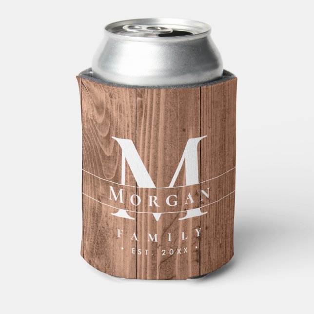 Rustic Wood Monogram Custom Last Name favor  Can Cooler (Can Back)