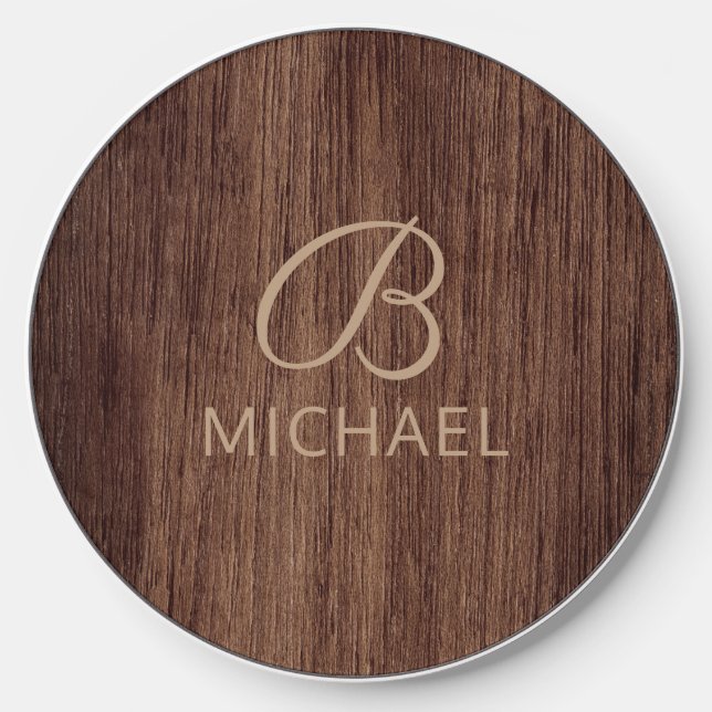 Rustic Wood Monogram Custom Name Desk Gift Wireless Charger (Front)