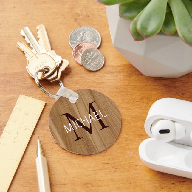 Rustic Wood Monogram Elegant Keychain (Desk)
