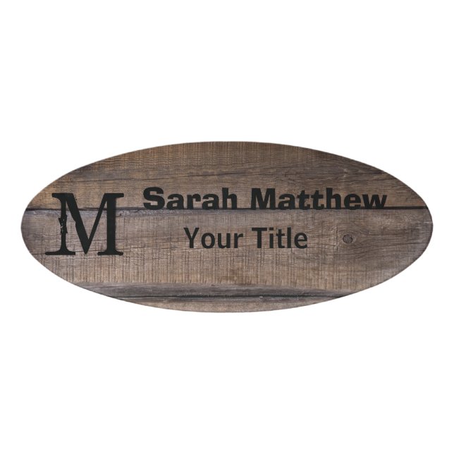 Rustic Wood Monogram Employee Name Tag (Front)