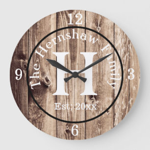 Rustic Wood Monogram Family Large Clock