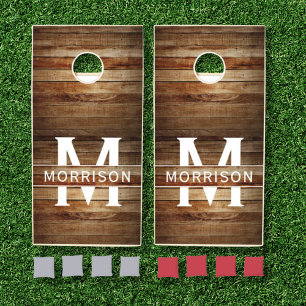 Rustic Wood Monogram Family Name Cornhole Set