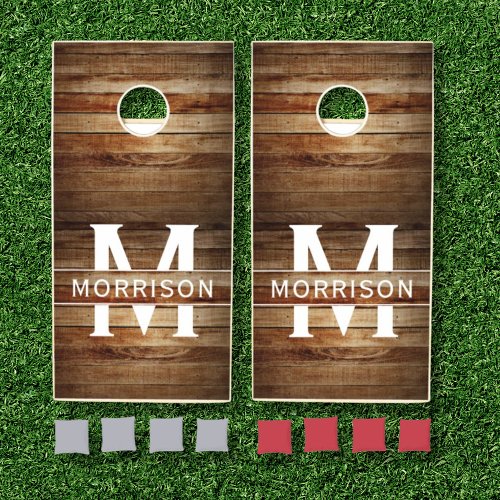 Rustic Wood Monogram Family Name Cornhole Set