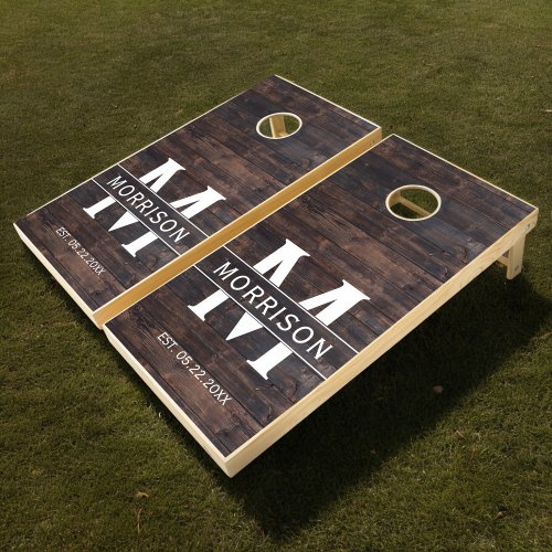 Rustic Wood Monogram Family Name Cornhole Set