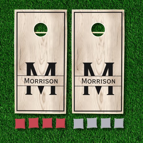 Rustic Wood Monogram Family Name Cornhole Set