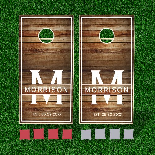 Rustic Wood Monogram Family Name Cornhole Set