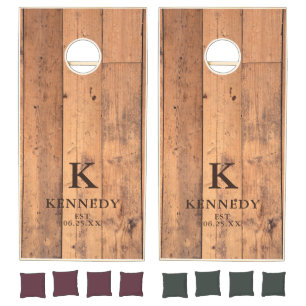 Rustic Wood Monogram Family Name Cornhole Set
