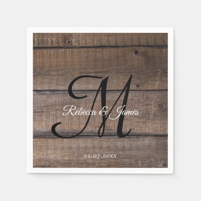 Rustic Wood Monogram Name Script Wedding Party  Napkins (Front)