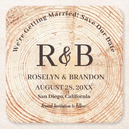 Rustic Wood Monogram Names Save the Date  Square Paper Coaster