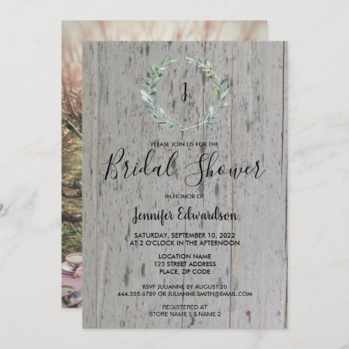 Rustic wood monogram photo Bridal Shower Invitation