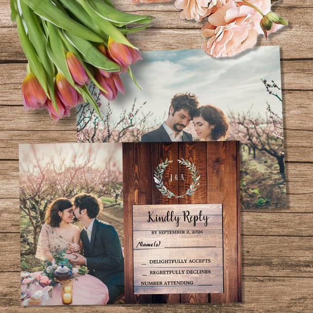 Rustic wood monogram photo Wedding budget RSVP Enclosure Card (Rustic wood monogram photo Wedding budget RSVP Enclosure Card. You can add your own photos.)