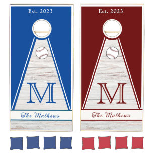 Rustic Wood  Monogram Red White Blue Baseball Cornhole Set