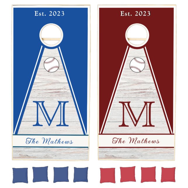 Rustic Wood  Monogram Red White Blue Baseball Cornhole Set (Set)