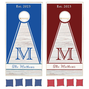 Rustic Wood  Monogram Red White Blue Monogram   Cornhole Set