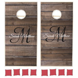 Rustic Wood Monogram Script Name Cornhole Set