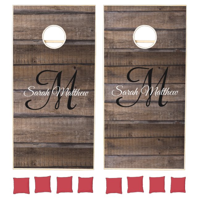 Rustic Wood Monogram Script Name Cornhole Set (Set)