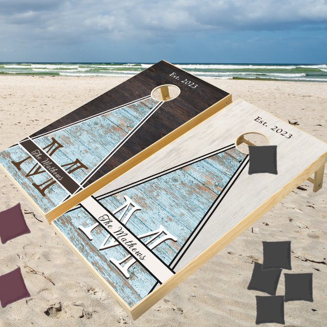 Rustic Wood  Monogram Teal Brown Gray Monogram Cor Cornhole Set (Creator Uploaded)