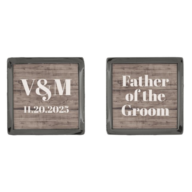 Rustic Wood Monogram Wedding Father of the Groom Cufflinks (Front)