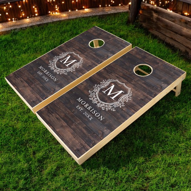 Rustic Wood Monogram Wedding Floral Crest Cornhole Set (Creator Uploaded)