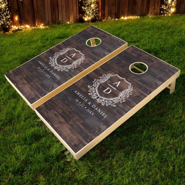 Rustic Wood Monogram Wedding Floral Crest Cornhole Set (Creator Uploaded)
