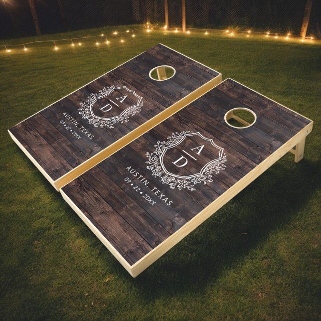 Rustic Wood Monogram Wedding Floral Crest Cornhole Set (Creator Uploaded)