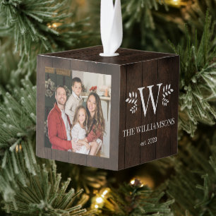 Rustic Wood Monogrammed Christmas Family 3 Photo Cube Ornament