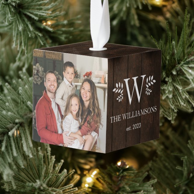 Rustic Wood Monogrammed Christmas Family 3 Photo Cube Ornament (Tree)