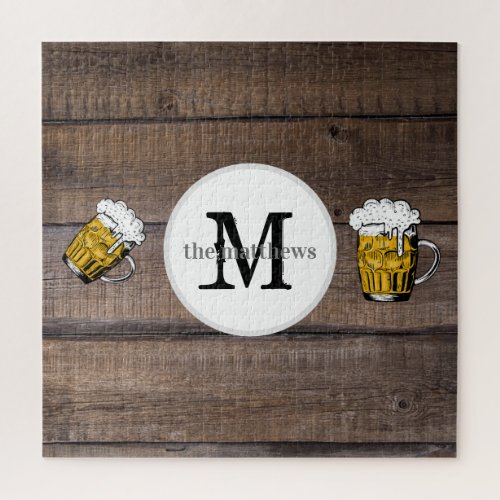 Rustic Wood Monogrammed Create Your Own Beer Name Jigsaw Puzzle