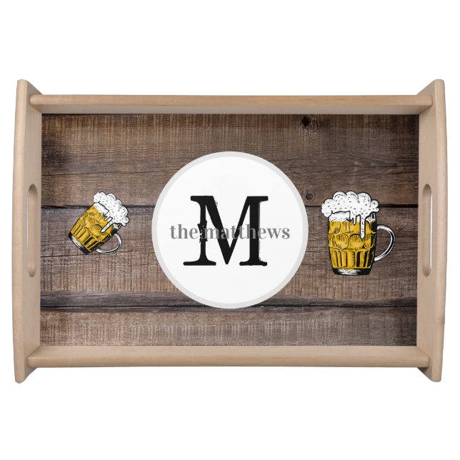 Rustic Wood Monogrammed Create Your Own Beer Name Serving Tray (Front)