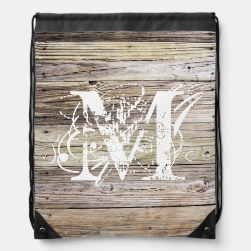 Rustic Wood Monogrammed Drawstring Bag