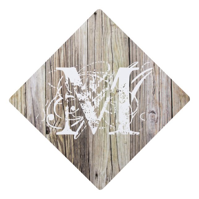 Rustic Wood Monogrammed Graduation Cap Topper (Front)