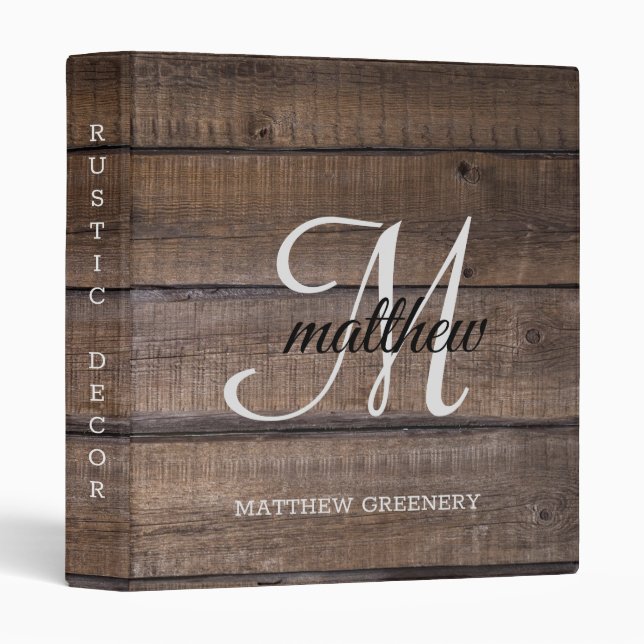Rustic Wood Monogrammed Script Office School 3 Ring Binder (Front/Spine)