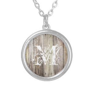 Rustic Wood Monogrammed Silver Plated Necklace