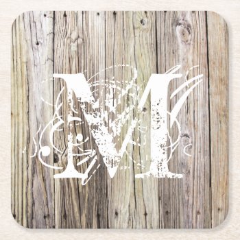 Rustic Wood Monogrammed Square Paper Coaster by ICandiPhoto at Zazzle