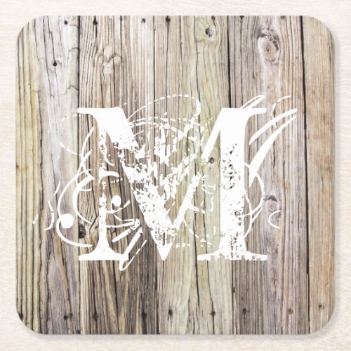 Rustic Wood Monogrammed Square Paper Coaster