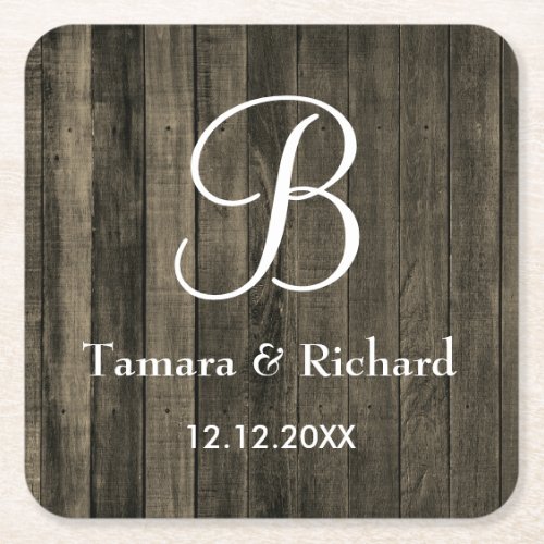 Rustic Wood Monogrammed Wedding Square Paper Coaster