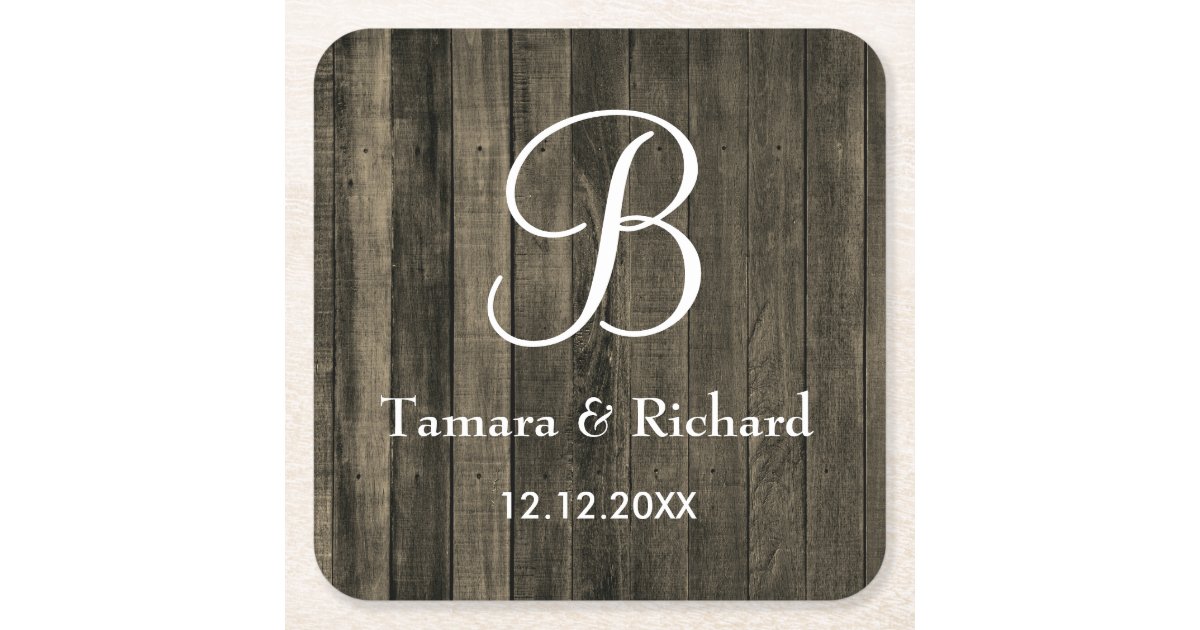 Rustic Wood Monogrammed Wedding Square Paper Coaster | Zazzle