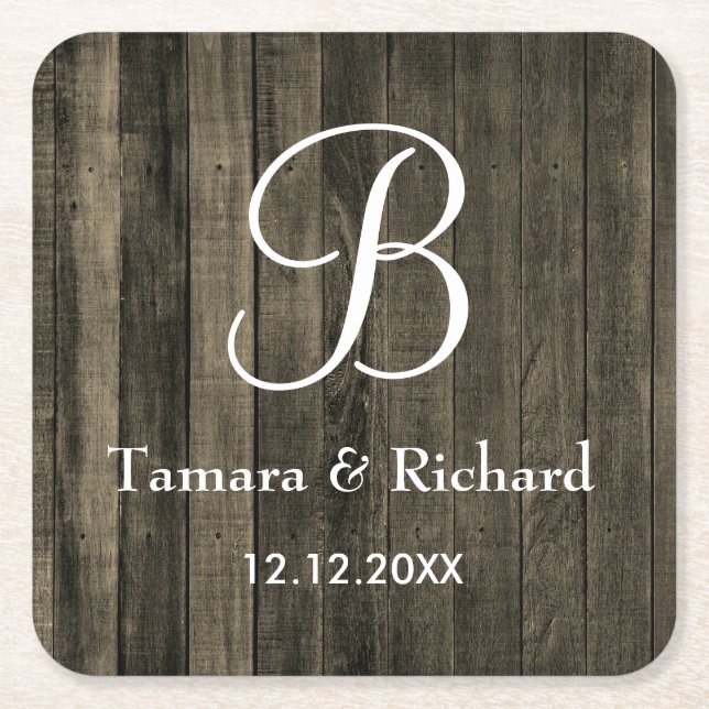 Rustic Wood Monogrammed Wedding Square Paper Coaster (Front)