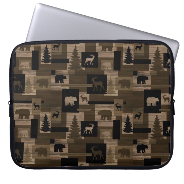 Rustic wood moose bear pattern laptop sleeve (Front)