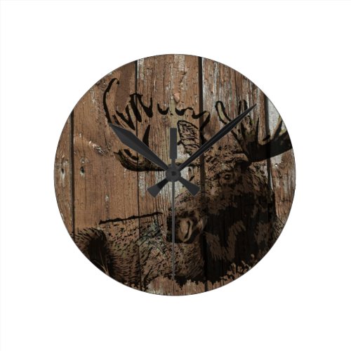 Rustic wood moose round clock